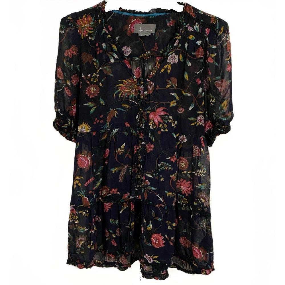 Anthropologie Salzburg Sheer Tunic Floral Blouse Navy Multi Boho Whimsical S